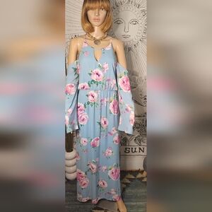 Like New Le Kate Large Chic Cold-shoulder Long Sleeve Blue Floral Maxi Dress